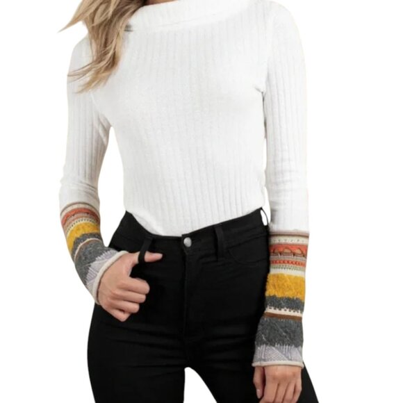 Free People Sz M Ribbed Knit Sweater Top Cowl Neck Mixed Cuff Wool Crochet - Picture 1 of 13